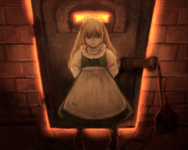Anime picture 1920x1536 with hansel and gretel gretel (hansel and gretel) lilicohime single long hair highres blonde hair glowing girl dress apron door shovel