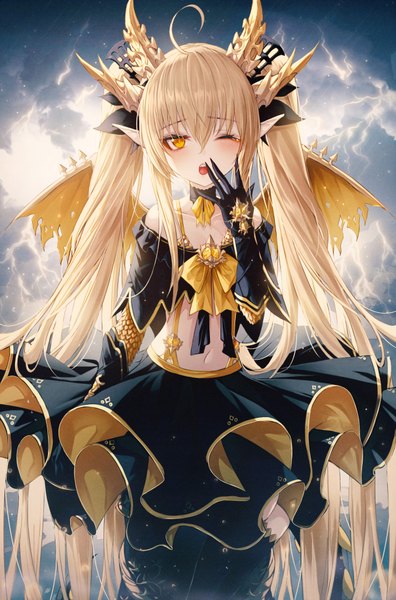 Anime picture 2708x4096 with original okazu (eightstudio) single tall image looking at viewer blush fringe highres open mouth blonde hair hair between eyes standing bare shoulders yellow eyes payot sky cloud (clouds) ahoge very long hair pointy ears