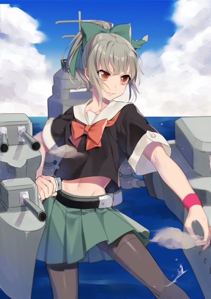 Anime-Bild 620x877 mit kantai collection yuubari light cruiser yayata (884) single tall image fringe short hair smile brown eyes looking away sky cloud (clouds) ponytail pleated skirt grey hair bare belly midriff girl skirt uniform