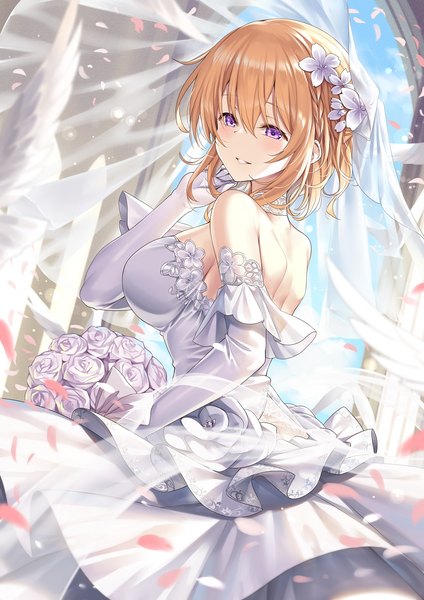 Anime picture 992x1403 with gochuumon wa usagi desu ka? white fox hoto cocoa ks single tall image looking at viewer blush fringe short hair breasts smile hair between eyes large breasts standing purple eyes parted lips arm up hair flower orange hair