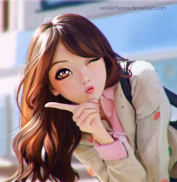 Anime picture 2788x2876 with nikita varb single long hair tall image looking at viewer highres brown hair brown eyes one eye closed lips wink realistic girl clothes