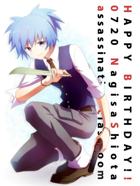 Anime picture 753x1000 with ansatsu kyoushitsu shiota nagisa aihara kaya single tall image looking at viewer fringe short hair blue eyes smile white background twintails blue hair copyright name character names short twintails squat happy birthday twisty sleeves boy