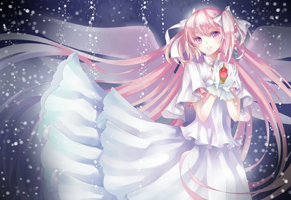 Anime picture 1000x688 with mahou shoujo madoka magica shaft (studio) kaname madoka goddess madoka stari single long hair red eyes pink hair two side up girl dress gloves ribbon (ribbons) hair ribbon wings