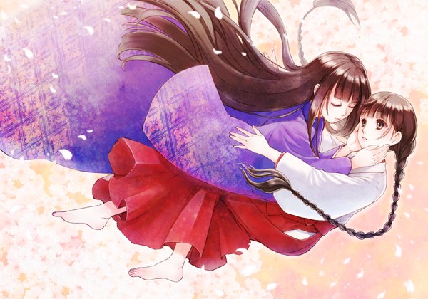 Anime picture 2000x1400 with rdg red data girl p.a. works suzuhara izumiko soujirou long hair highres brown hair multiple girls brown eyes braid (braids) eyes closed traditional clothes hug miko girl 2 girls petals