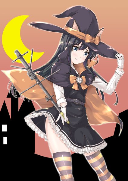 Anime picture 708x1000 with kantai collection asashio destroyer mikage takashi single long hair tall image looking at viewer blush fringe blue eyes light erotic black hair hair between eyes standing holding animal ears light smile adjusting hat crescent silhouette