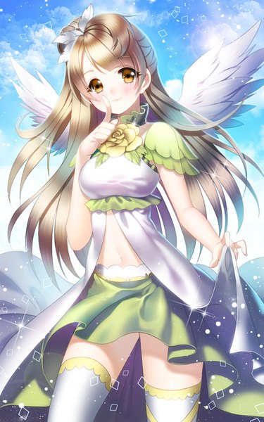 Anime picture 500x800 with love live! school idol project sunrise (studio) love live! minami kotori aile (crossroads) single long hair tall image looking at viewer blush smile brown hair yellow eyes sky cloud (clouds) bare belly zettai ryouiki one side up finger to mouth angel wings