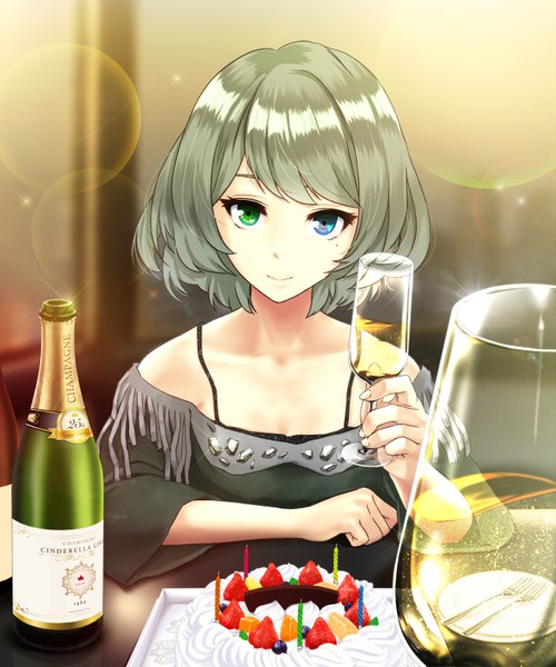 Anime picture 1300x1561 with idolmaster idolmaster cinderella girls takagaki kaede infinote single tall image looking at viewer fringe short hair blue eyes green eyes green hair mole mole under eye heterochromia girl sweets table alcohol cake