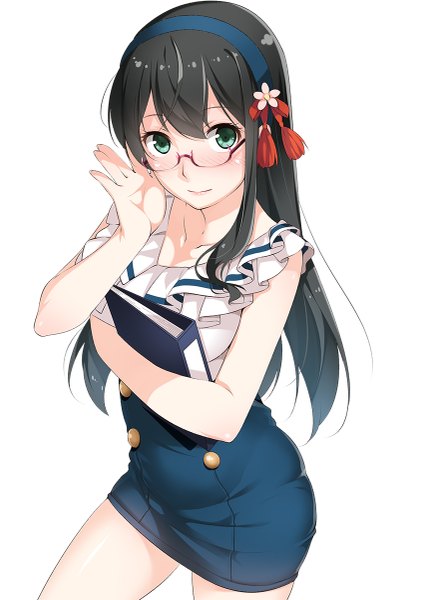 Anime picture 849x1200 with kantai collection ooyodo light cruiser ello-chan single long hair tall image looking at viewer blush fringe breasts black hair simple background white background holding green eyes light smile lips sleeveless adjusting glasses girl