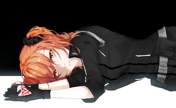 Anime picture 2422x1486 with fate (series) fate/grand order fujimaru ritsuka (female) wog3393 single long hair looking at viewer fringe highres simple background hair between eyes wide image lying light smile orange hair orange eyes tattoo one side up black background on side