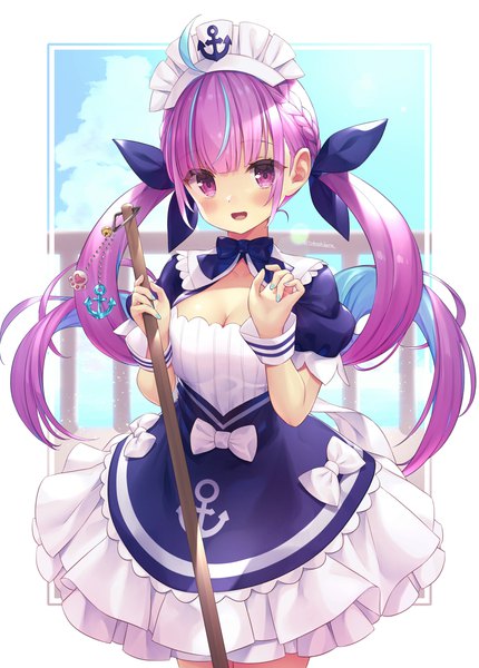 Anime picture 1389x1940 with virtual youtuber hololive minato aqua minato aqua (1st costume) tokoshibyra single long hair tall image blush open mouth purple eyes twintails cleavage purple hair ahoge nail polish :d multicolored hair drill hair colored inner hair