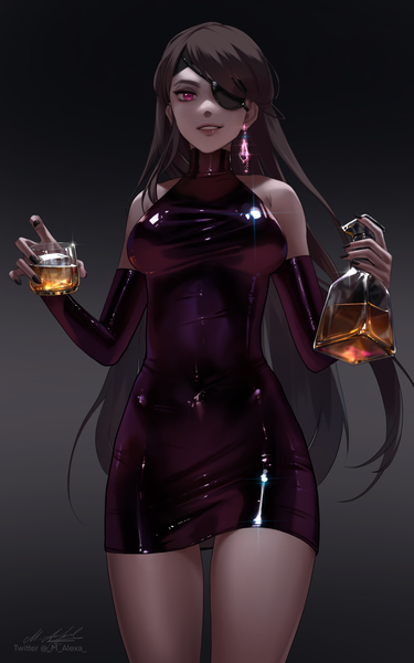 Anime picture 2500x4000 with genshin impact beidou (genshin impact) m alexa single long hair tall image looking at viewer fringe highres breasts black hair simple background bare shoulders holding signed nail polish parted lips pink eyes fingernails alternate costume