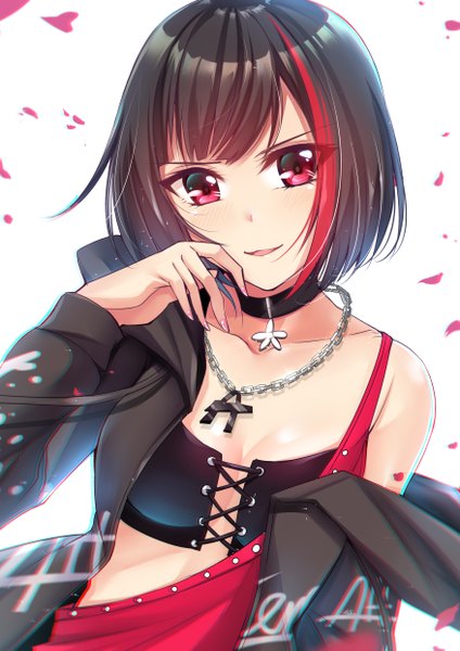 Anime picture 3507x4960 with bang dream! mitake ran gu li single tall image looking at viewer blush fringe highres short hair breasts open mouth light erotic black hair simple background red eyes white background bare shoulders absurdres cleavage