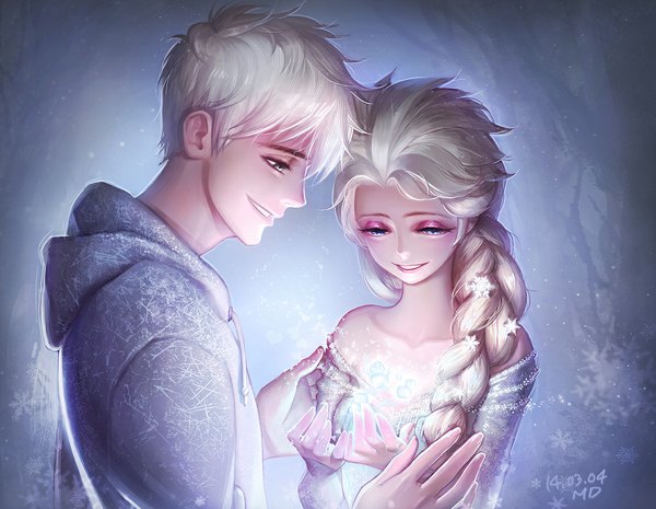 Anime picture 1155x896 with frozen (disney) rise of the guardians disney dreamworks elsa (frozen) jack frost (rise of the guardians) nrrr long hair short hair blue eyes smile bare shoulders signed silver hair braid (braids) profile magic single braid eyeshadow girl