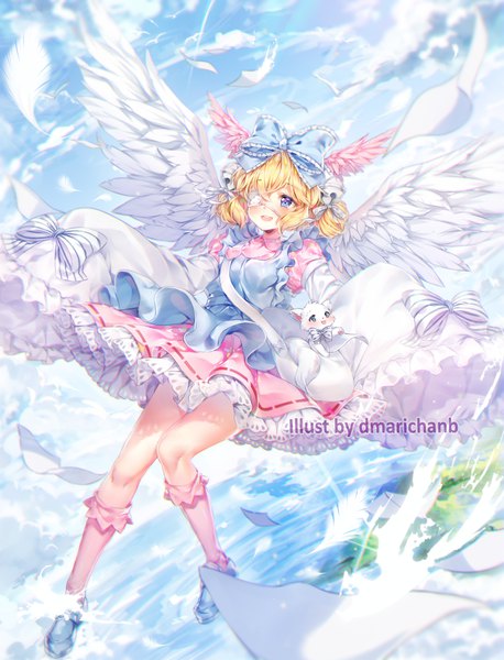 Anime picture 1024x1340 with original dmarichanb single tall image blush short hair open mouth blue eyes blonde hair smile signed looking away sky cloud (clouds) full body long sleeves :d flying angel wings head wings