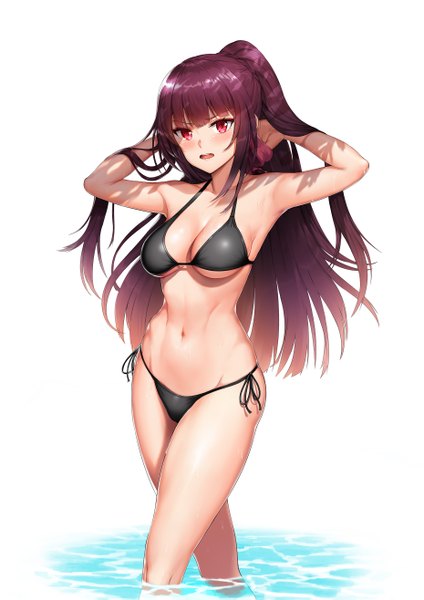 Anime picture 1860x2631 with girls frontline wa2000 (girls frontline) greem bang single long hair tall image looking at viewer blush fringe highres breasts open mouth light erotic simple background red eyes large breasts white background bare shoulders payot cleavage