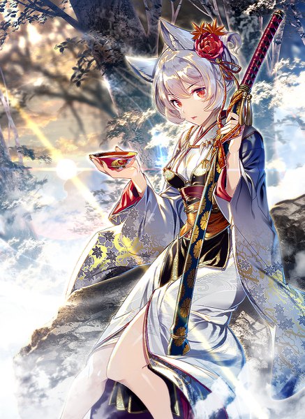 Anime picture 875x1200 with touhou inubashiri momiji zounose single tall image looking at viewer fringe short hair hair between eyes red eyes sitting holding animal ears sky silver hair cloud (clouds) outdoors long sleeves nail polish traditional clothes