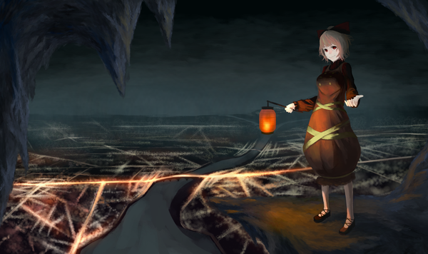 Anime picture 1600x950 with touhou kurodani yamame akaikitsune single short hair blonde hair smile red eyes wide image night panorama girl hair ornament bow hair bow lantern