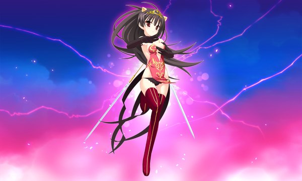Anime picture 1024x614 with twinkle crusaders twinkle crusaders -passion star stream- iincho (twinkle crusaders -passion star stream-) long hair light erotic black hair red eyes wide image game cg horn (horns) girl underwear panties weapon thigh boots tiara
