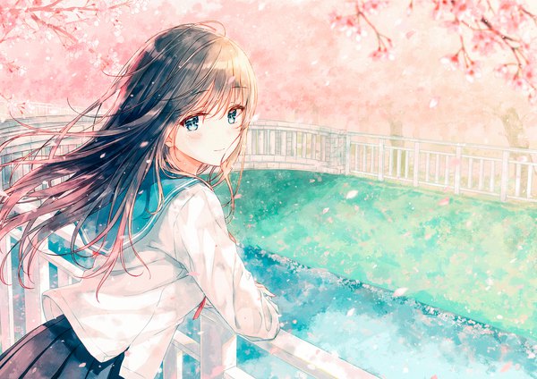 Anime picture 1697x1200 with original hiten (hitenkei) single long hair looking at viewer blush fringe blue eyes smile hair between eyes brown hair upper body outdoors pleated skirt looking back light smile wind from behind cherry blossoms revision