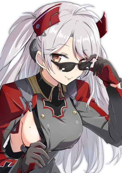 Anime picture 724x1023 with azur lane prinz eugen (azur lane) gotyou single long hair tall image looking at viewer blush fringe breasts light erotic simple background smile large breasts white background brown eyes silver hair ahoge upper body long sleeves