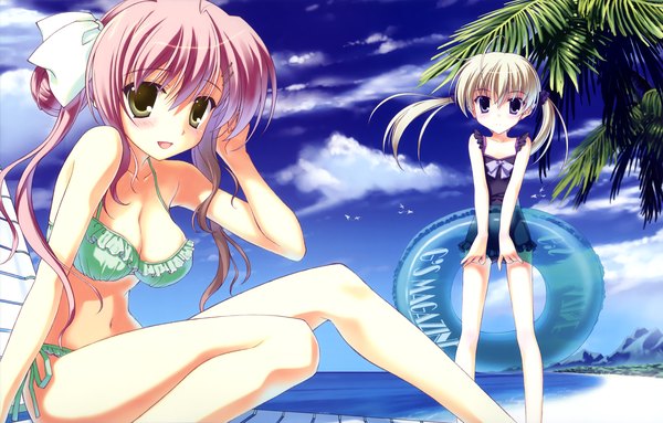 Anime picture 4949x3160 with calendar girl nanao naru long hair looking at viewer highres breasts light erotic purple eyes twintails multiple girls yellow eyes pink hair absurdres sky cloud (clouds) white hair scan loli beach girl