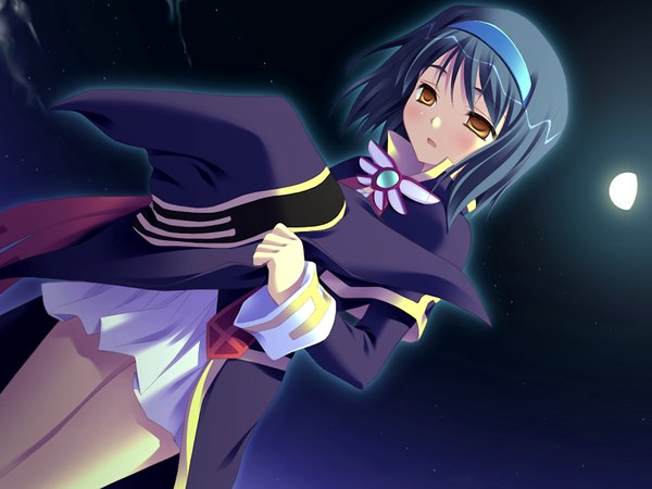 Anime picture 1024x768 with sortieange mahou club sengoku asuka short hair black hair yellow eyes game cg night girl moon witch hat