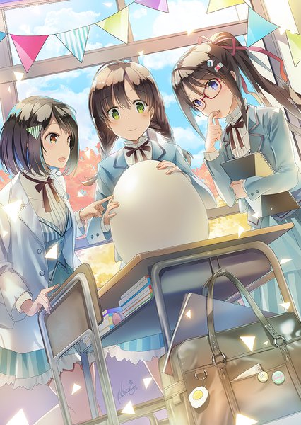 Anime picture 853x1200 with original naruse chisato long hair tall image blush short hair blue eyes black hair smile brown hair multiple girls brown eyes green eyes ponytail girl uniform school uniform glasses 3 girls school bag