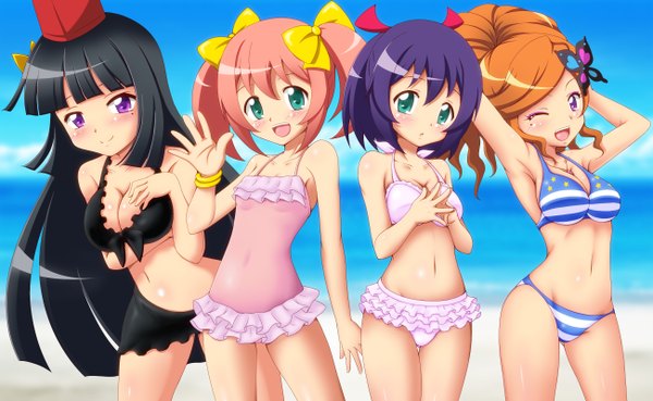Anime picture 2600x1600 with sister quest chiffon (sister quest) ageha (sister quest) stella (sister quest) tateha (sister quest) takappe (artist) long hair blush highres short hair open mouth black hair smile wide image purple eyes multiple girls purple hair red hair one eye closed wink