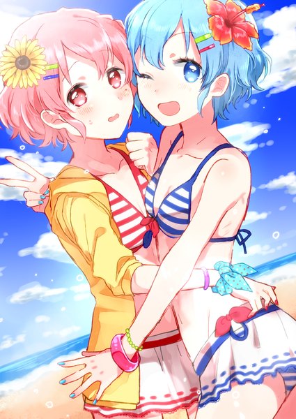 Anime picture 1500x2118 with puri para pretty (series) leona west dorothy west mgmgkyun tall image looking at viewer blush fringe short hair breasts open mouth light erotic sky cloud (clouds) nail polish hair flower fingernails hug beach