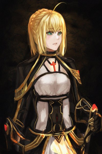 Anime picture 2280x3438 with fate (series) fate/stay night type-moon artoria pendragon (all) saber aenrs single long hair tall image fringe highres simple background blonde hair holding green eyes looking away ahoge braid (braids) parted lips black background