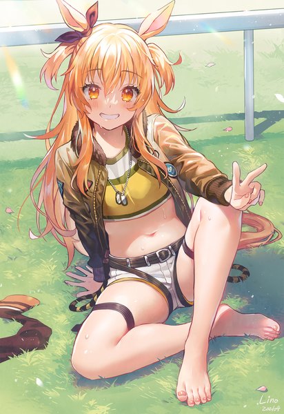 Anime picture 1257x1830 with umamusume mayano top gun (umamusume) lino chang single long hair tall image blush fringe smile hair between eyes sitting animal ears outdoors tail animal tail barefoot orange hair arm support open jacket bare legs