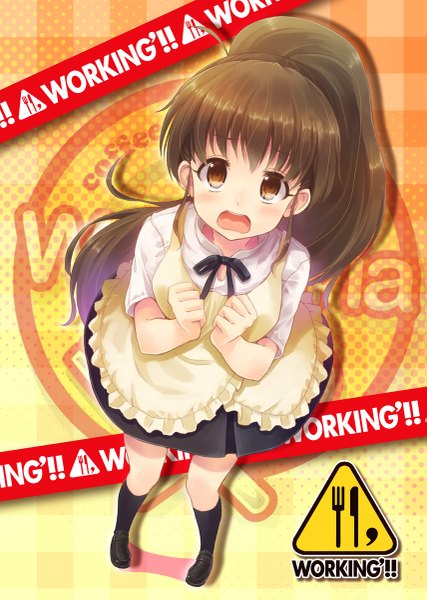 Anime picture 855x1200 with working!! a-1 pictures taneshima popura hyuuga azuri long hair tall image blush open mouth brown hair brown eyes full body ponytail girl skirt socks black socks apron