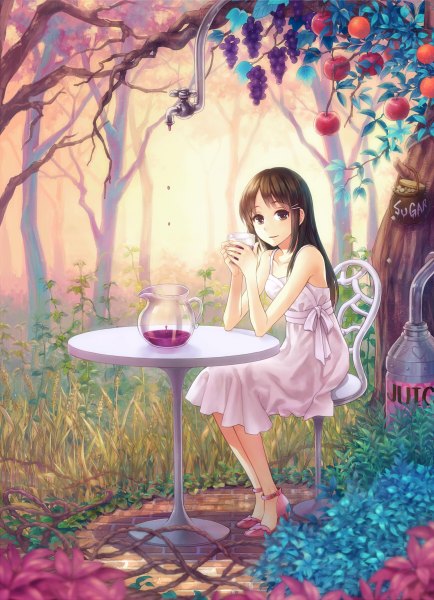 Anime picture 868x1200 with original yamyom single long hair tall image looking at viewer black hair sitting black eyes girl dress plant (plants) tree (trees) food sundress fruit berry (berries) apple grapes