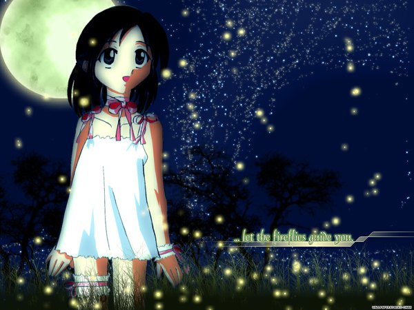 Anime picture 1024x768 with original aoko-chan single short hair open mouth black hair standing looking away outdoors black eyes night night sky dark background girl dress plant (plants) tree (trees) white dress insect moon