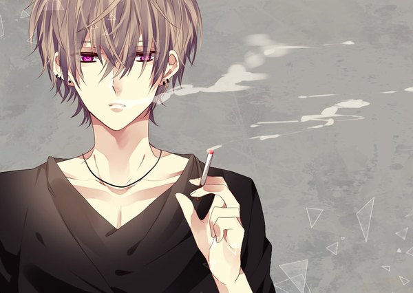 Anime picture 1024x728 with original ksb_x4 single looking at viewer fringe short hair simple background hair between eyes brown hair holding upper body pink eyes grey background piercing ear piercing smoke smoking boy cigarette