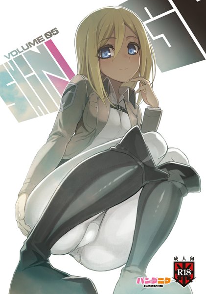 Anime picture 702x1000 with shingeki no kyojin production i.g krista lenz ookuma (nitroplus) single long hair tall image looking at viewer blue eyes light erotic blonde hair open clothes open jacket from below squat girl jacket thigh boots