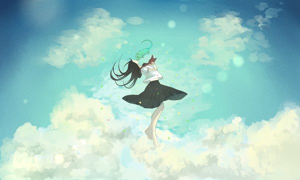 Anime picture 2000x1200 with original tomaeda (bravered) long hair highres black hair wide image sky cloud (clouds) eyes closed profile pleated skirt face to face girl animal