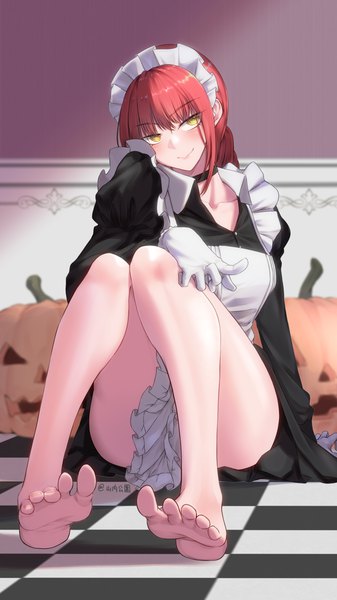 Anime picture 2160x3840 with chainsaw man mappa makima (chainsaw man) yamauchi (conan-comy) single long hair tall image fringe highres light erotic smile sitting signed yellow eyes full body red hair long sleeves head tilt barefoot bare legs
