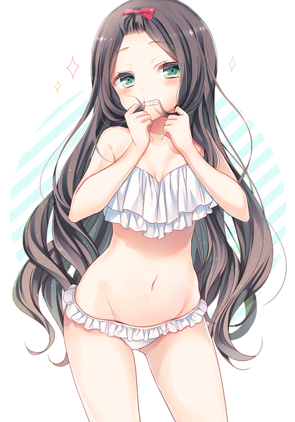Anime picture 716x1023 with original komeshiro kasu single long hair tall image looking at viewer blush light erotic black hair simple background standing white background bare shoulders green eyes bare legs bare belly groin wavy hair clenched teeth striped background