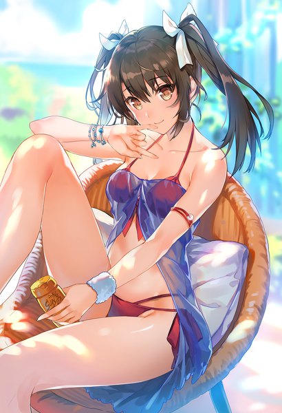 Anime picture 1000x1461 with kantai collection zuikaku aircraft carrier tousaki umiko single long hair tall image fringe hair between eyes brown hair sitting twintails brown eyes payot hand to mouth girl bow swimsuit hair bow bikini bracelet