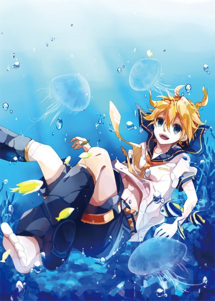 Anime picture 1000x1399 with vocaloid kagamine len mukkun tall image short hair blue eyes blonde hair barefoot underwater boy shirt necktie shorts bubble (bubbles) fish (fishes) jellyfish