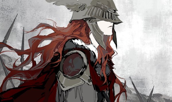 Anime picture 2175x1292 with elden ring malenia blade of miquella jiao chang single long hair highres wide image upper body red hair profile fur trim partially colored girl fur cape helmet fur collar