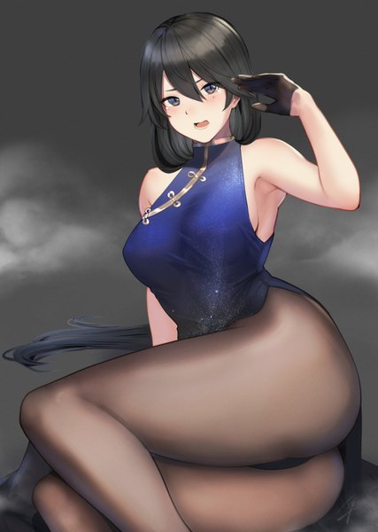 Anime picture 1190x1670 with original hayabusa single tall image looking at viewer blush fringe breasts open mouth blue eyes light erotic black hair simple background hair between eyes large breasts sitting bare shoulders payot bent knee (knees) ass