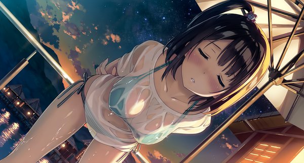 Anime picture 3976x2146 with 5 nenme no houkago kantoku single blush fringe highres short hair breasts light erotic black hair wide image large breasts standing absurdres cloud (clouds) outdoors eyes closed parted lips scan night