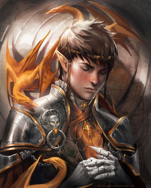 Anime picture 1607x2000 with original sakimichan single tall image fringe short hair brown hair eyes closed pointy ears realistic elf boy gloves hair ornament armor chain jewelry dragon