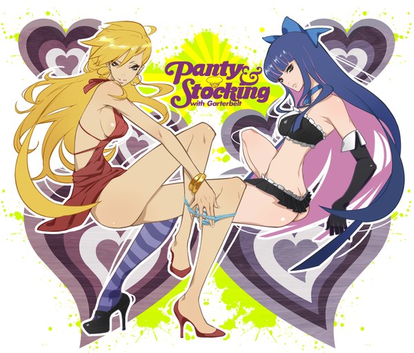 Anime picture 1700x1450 with panty & stocking with garterbelt anarchy stocking anarchy panty long hair light erotic blonde hair white background bare shoulders multiple girls multicolored hair inscription colored inner hair panty pull girl thighhighs dress gloves underwear panties bow