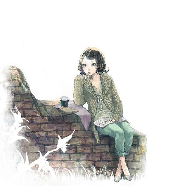Anime picture 926x1004 with original moc single tall image blush short hair black hair white background sitting black eyes eating girl plant (plants) book (books) grass disposable cup coffee