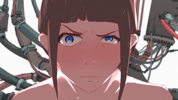 Anime picture 1400x786 with original snatti single looking at viewer blush fringe short hair blue eyes simple background brown hair wide image white background bare shoulders lips close-up eyebrows girl cable