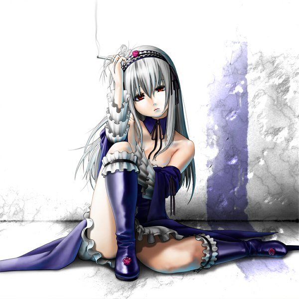 Anime picture 1000x1000 with rozen maiden suigintou nobuya single long hair looking at viewer red eyes bare shoulders silver hair smoking girl dress boots frills hairband