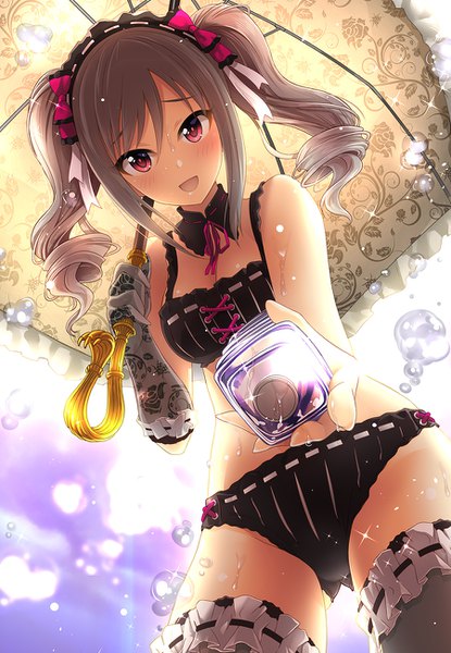 Anime picture 900x1300 with idolmaster idolmaster cinderella girls kanzaki ranko kazu single long hair tall image looking at viewer blush fringe breasts open mouth light erotic smile hair between eyes red eyes standing twintails bare shoulders holding